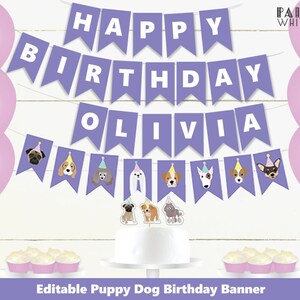 Banner roxo para festa de cachorro, modelo de banner para decoração de aniversário de meninas, faixa de bandeira para meninas, cachorro, faixa de festa de aniversário pwl25
