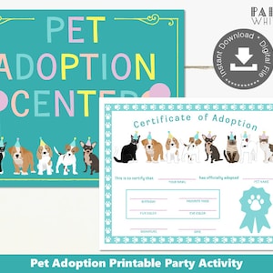 Pet Adoption Certificate Adopt a Pet Party Printable Party Girls Birthday Party Pet Adoption Party Birthday Pawty Pet Party PWL4