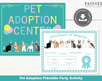 Pet Adoption Certificate Adopt a Pet Party Printable Party Girls Birthday Party Pet Adoption Party Birthday Pawty Pet Party PWL4