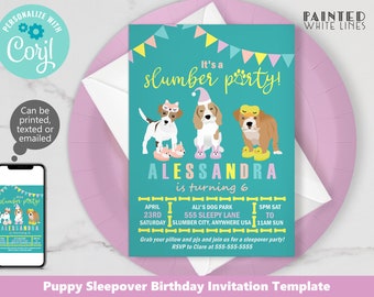 May include: A teal birthday party invitation with the text "It's a slumber party!" and "Alessandra is turning 6." Features illustrations of dogs in pajamas. Includes party details and a phone displaying the invitation.