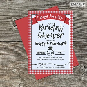 May include: A red and white gingham patterned invitation for a bridal shower. The invitation says "Please Join Us for a Bridal Shower honoring Kristy & Mike Smith" with the date and time of the event. The invitation also includes the address and RSVP information.