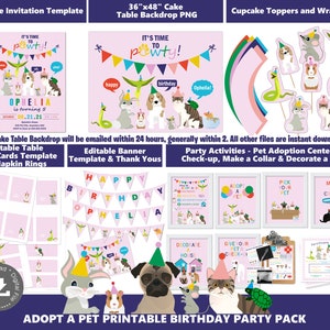 Pode incluir: Pacote de festa imprimível para uma festa de aniversário com tema de animais de estimação. O pacote inclui um pano de fundo de mesa de bolo de 91 cm por 122 cm, cartões de mesa editáveis, uma faixa, toppers de cupcake e atividades de festa. O tema é rosa com imagens de vários animais, incluindo um cão, um gato, um coelho, um porquinho-da-índia, uma cobra e um peixe. O texto na imagem diz "Adopt a Pet Printable Birthday Party Pack".