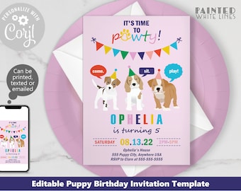 Puppy Party Invite Pawty Birthday Invitation Printable Editable Download Dog Birthday Party Invitation Dog Theme Party Invite PWL6P