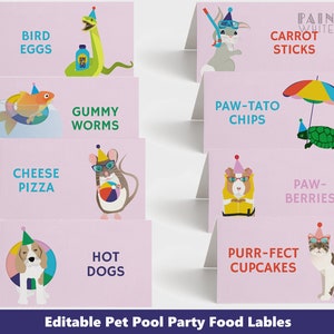 Pet Pool Party Food Labels Printable Geburtstag Tisch Zelte Corjl Vorlage Mädchen schwimmen Buffet Party Decor Hund Katze Schildkröte Bunny Meerschweinchen PWL3P