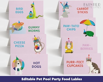 Pet Pool Party Food Labels Printable Birthday Table Tents Corjl Template Girls Swim Buffet Party Decor Dog Cat Turtle Bunny Guinea Pig PWL3P