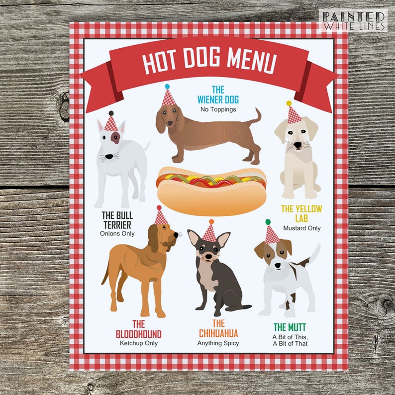 May include: A hot dog menu with illustrations of different dog breeds wearing party hats. Each dog represents a different hot dog topping: The Wiener Dog with no toppings, The Bull Terrier with onions only, The Yellow Lab with mustard only, The Bloodhound with ketchup only, The Chihuahua with anything spicy, and The Mutt with a bit of this and a bit of that.