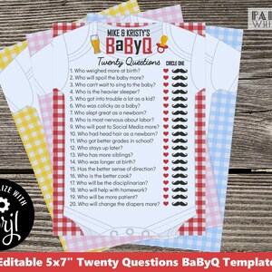 BaByQ Twenty Questions Shower Games Template Personalizable Printable Backyard BBQ Baby Shower Coed Sprinkle BaByQ Activity Barbeque pwl8 image 1