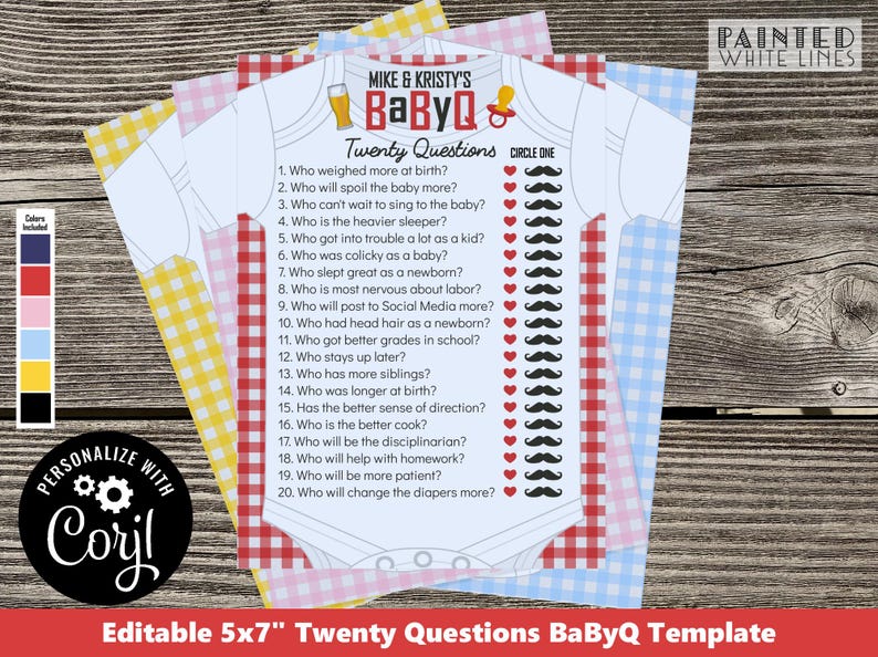 BaByQ Twenty Questions Shower Games Template Personalizable Printable Backyard BBQ Baby Shower Coed Sprinkle BaByQ Activity Barbeque pwl8 image 1