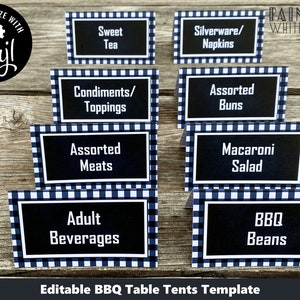 May include: Editable BBQ table tent template with a black and white gingham pattern. The text on the tents includes: Sweet Tea, Silverware/Napkins, Condiments/Toppings, Assorted Buns, Assorted Meats, Macaroni Salad, Adult Beverages, and BBQ Beans.