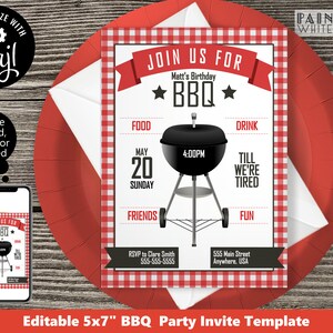 May include: Editable 5x7 inch BBQ party invite template with a red and white gingham background. The template features a black and white illustration of a grill with the text "Join Us For Matt's Birthday BBQ" and details about the event, including the date, time, and location.