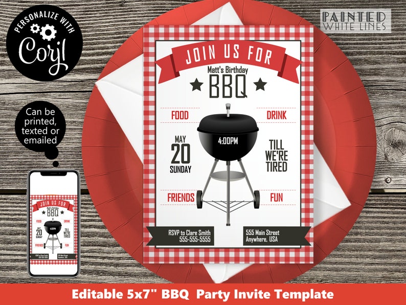 May include: Editable 5x7 inch BBQ party invite template with a red and white gingham background. The template features a black and white illustration of a grill with the text "Join Us For Matt's Birthday BBQ" and details about the event, including the date, time, and location.