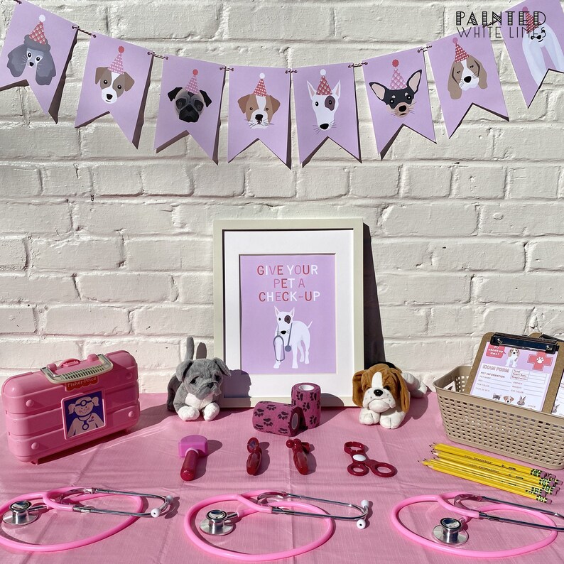May include: A pink table set up for a pretend pet doctor's office. There are two pink toy stethoscopes, a toy medical kit, a toy hammer, bandages, and two stuffed dogs. A framed sign reads "Give your pet a check-up".