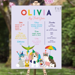 May include: A colorful printable poster for a first birthday party. The poster features the name Olivia, a rainbow color scheme, and illustrations of animals. The poster includes information about the child's stats, favorites, and what they love to do.