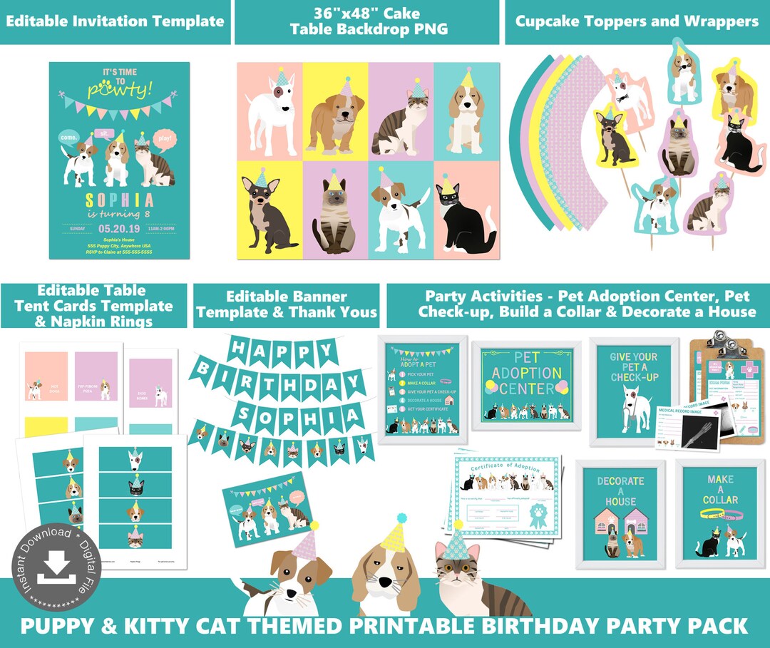 Girls Adopt a Pet Party Instant Download Girls Birthday Party Decor Pet ...