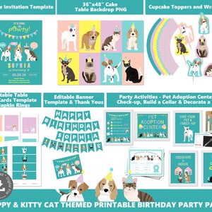 Meninas adotam uma festa de estimação download instantâneo meninas festa de aniversário decoração pet adoção festa tema animal de estimação aniversário imprimíveis festa de gato de cachorro pwl4