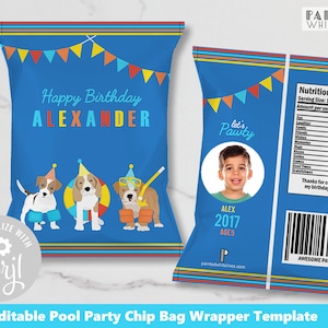 Pool Party Chip Bag Wrapper Vorlage mit Foto 1 Unze Schwimmen Geburtstag druckbare Doggy Paddle Party bearbeitbar PWL27