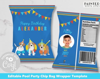 May include: Editable chip bag wrapper template for a pool party with a blue background, colorful flags, and a cartoon dog wearing a life preserver. The text "Happy Birthday Alexander" is at the top of the bag. The text "Let's Pawty" is on the right side of the bag. The text "Alex 2017 Age 5" is below the photo of a boy. The text "Awesome Pawty" is at the bottom of the bag.