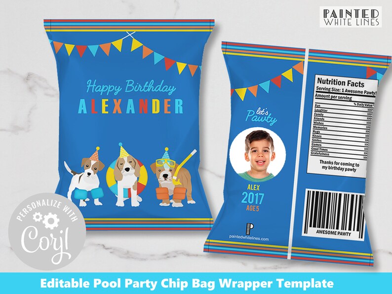 May include: Editable chip bag wrapper template for a pool party with a blue background, colourful flags, and a cartoon dog wearing a life preserver. The text "Happy Birthday Alexander" is at the top of the bag. The text "Let's Pawty" is on the right side of the bag. The text "Alex 2017 Age 5" is below the photo of a boy. The text "Awesome Pawty" is at the bottom of the bag.