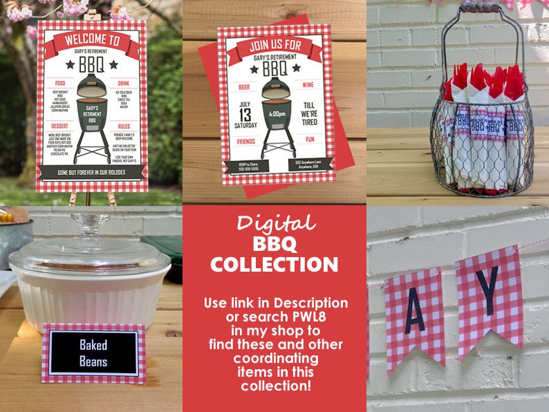 May include: A digital collection of printable BBQ party decorations featuring a red and white gingham pattern. The collection includes a welcome sign, invitation, food labels, and a banner. The text on the sign reads "Welcome to BBQ". The text on the invitation reads "Join us for Gary's Retirement BBQ".