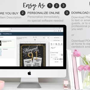 May include: A computer screen displaying a website with a customizable birthday sign template. The sign is black with gold accents and says "Margaret is turning 91". The website allows users to add photos and personalize the sign. The text "Easy As 1 2 3" is displayed above the computer screen. The text "Painted White Lines" is displayed in the upper right corner of the image.