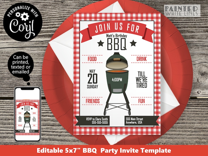 K&ouml;nnte beinhalten: Editierbare BBQ-Partyeinladungsvorlage im Format 12,7 x 17,8 cm mit rotem und wei&szlig;em kariertem Hintergrund. Die Vorlage zeigt eine Cartoon-Illustration eines gr&uuml;nen Grills mit einem roten Deckel und Flammen im Inneren. Der Text "Join Us For Matt's Birthday BBQ" befindet sich oben auf der Vorlage. Die Vorlage enth&auml;lt auch das Datum, die Uhrzeit und den Ort der Party.