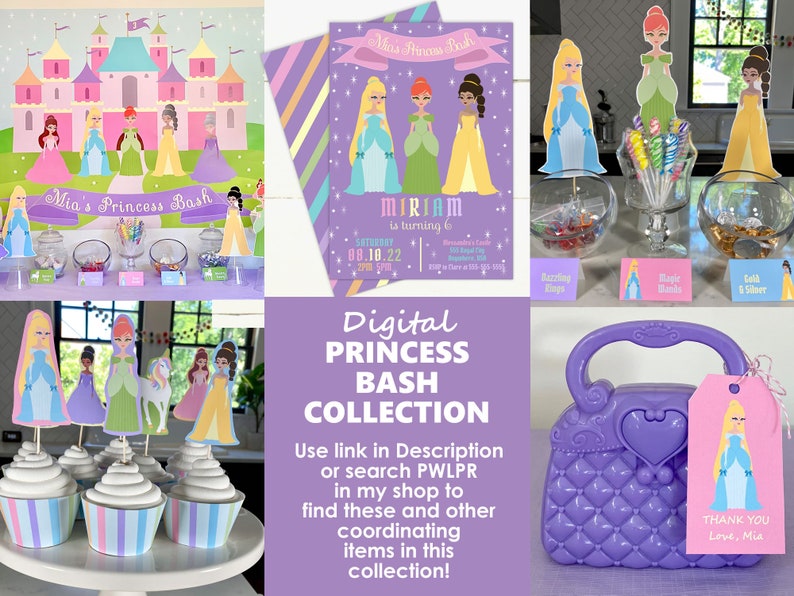 May include: A digital printable collection for a princess-themed party. The collection includes a purple invitation with gold stars, a banner with the text "Mia's Princess Bash", cupcake toppers with princesses, a purple purse, and a thank you tag with a princess.