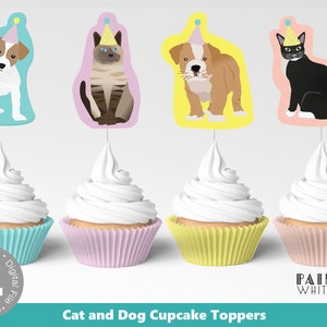 May include: Four printable cupcake toppers featuring a cat and dog wearing party hats. The toppers are on top of cupcakes with white frosting and different colored liners. The text "Cat and Dog Cupcake Toppers" is at the bottom of the image.