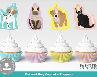 May include: Four printable cupcake toppers featuring a cat and dog wearing party hats. The toppers are on top of cupcakes with white frosting and different colored liners. The text "Cat and Dog Cupcake Toppers" is at the bottom of the image.