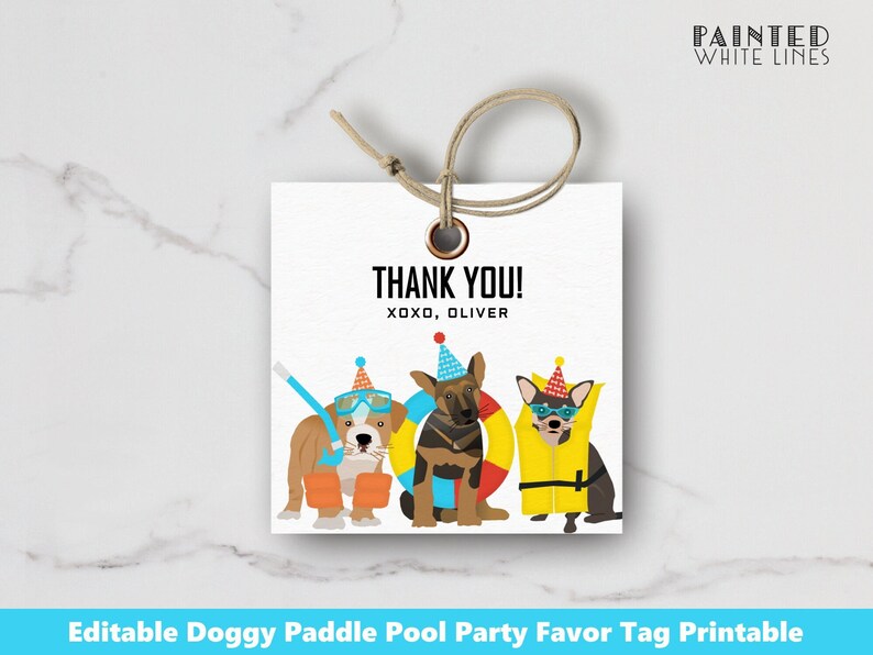 May include: Printable thank you tag featuring three cartoon dogs wearing party hats and pool accessories. The tag says "Thank You! XOXO, OLIVER" and is designed for a doggy paddle pool party.