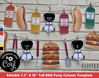 Banner de fiesta de barbacoa Centro de mesa Accesorios fotográficos Recortes Decoraciones de barbacoa imprimibles editables Patio trasero BBQ Fiesta de cumpleaños para niños Hot Dog BaByQ PWL8