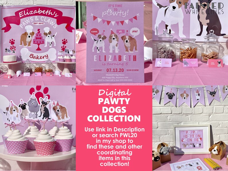 Puede incluir: Una colecci&oacute;n de fiesta digital rosa y blanca con tem&aacute;tica de perros para una fiesta de cumplea&ntilde;os. La colecci&oacute;n incluye una pancarta, adornos para cupcakes y un cartel que dice "Elizabeth cumple 5 a&ntilde;os".