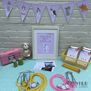 May include: A play set for kids to pretend to be veterinarians. The set includes a toy doctor's bag, a stethoscope, a toy dog, and a sign that says "Give your pet a check-up".