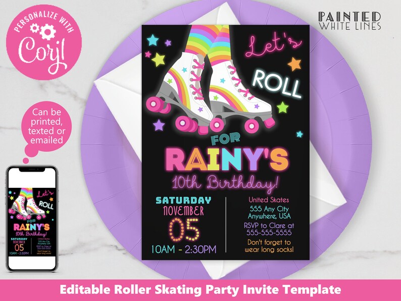 Printable Roller Skating Party Invite Roller Skate Birthday Invitation Textable Emailable Birthday Party Invitation Template Girls PWL9B image 1