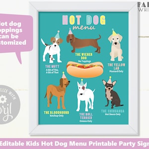 Hot Dog Bar Menu Sign Puppy Party Food Sign Editable Template Puppy Birthday Dog Birthday Girl Birthday Party Decor PWL6 PWL4