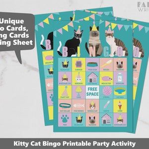Kitty Cat Bingo Game Imprimable Bingo Game Bingo Cards Party Game Activité Téléchargement instantané Black Cat Siamese Siberian Decorations Girls PWL7