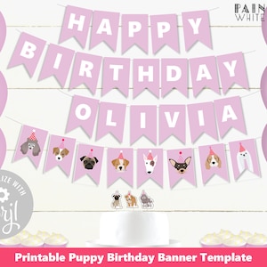 Modelo de faixa para impressão de festa de cachorro rosa, decoração de aniversário de meninas, faixa de bandeira de cachorro, faixa de festa de aniversário de cachorro pwl20