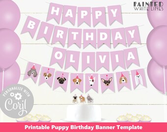 Pink Puppy Party Printable Banner Template Girls Birthday Decorations puppy flag banner Girls puppy Dog Birthday Party Banner PWL20