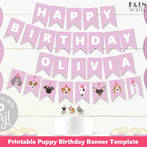 Plantilla de pancarta imprimible para fiesta de cachorro rosa, decoraciones de cumpleaños para niñas, bandera para cachorro, pancarta para fiesta de cumpleaños de perro y cachorro para niñas, PWL20