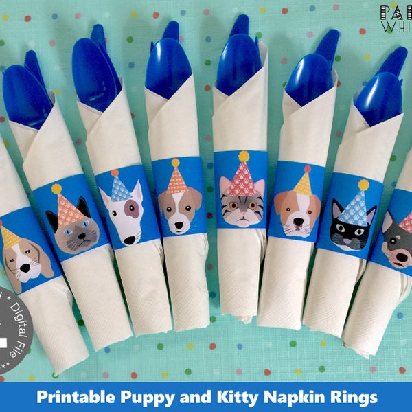 Dog and Cat Napkin Rings Napkin Wraps Napkin Wrappers Puppy Birthday Cat Birthday Dog Birthday Kitty Birthday Kids Birthday Decor PWL5