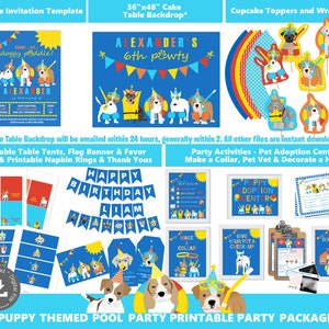 May include: Printable party package for a puppy themed pool party. Includes a 36x48 inch cake table backdrop, cupcake toppers, favor tags, table tents, a banner, napkin rings, and activity sheets. The theme features a blue, yellow, and red color scheme with illustrations of dogs wearing pool floaties and party hats.