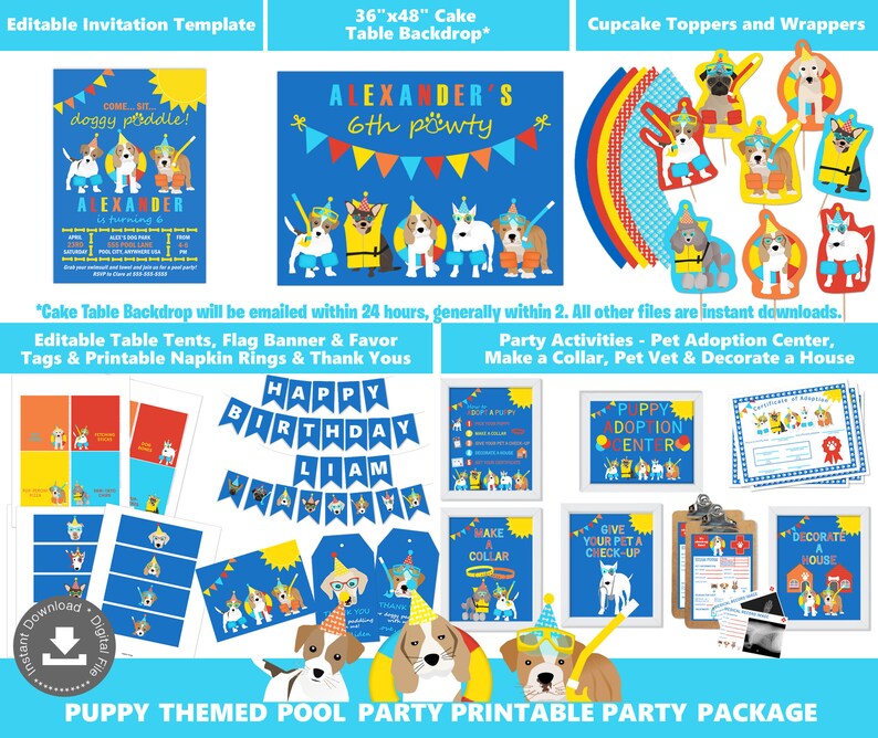 May include: Printable party package for a puppy themed pool party. Includes a 36x48 inch cake table backdrop, cupcake toppers, favor tags, table tents, a banner, napkin rings, and activity sheets. The theme features a blue, yellow, and red color scheme with illustrations of dogs wearing pool floaties and party hats.