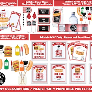 Pu&ograve; includere: Set di festa stampabile per un barbecue o un picnic. Include inviti modificabili, biglietti di ringraziamento, etichette per il cibo, etichette per i regali, decorazioni per cupcake, involucri per bottiglie d'acqua e cartelli. Il tema &egrave; hot dog e hamburger con quadretti rossi e bianchi.