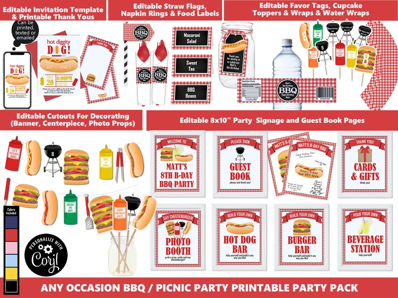 Pu&ograve; includere: Set di festa stampabile per un barbecue o un picnic. Include inviti modificabili, biglietti di ringraziamento, etichette per il cibo, etichette per i regali, decorazioni per cupcake, involucri per bottiglie d'acqua e cartelli. Il tema &egrave; hot dog e hamburger con quadretti rossi e bianchi.