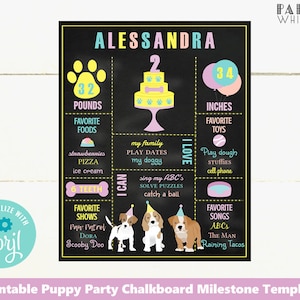May include: A chalkboard milestone poster for a 2-year-old girl named Alessandra. The poster features a pink and yellow color scheme with paw prints, a birthday cake, and a dog illustration. It includes details like her weight (32 pounds), height (34 inches), favorite foods, favorite toys, favorite shows, and favorite songs.