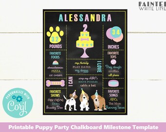 May include: A chalkboard milestone poster for a 2-year-old girl named Alessandra. The poster features a pink and yellow color scheme with paw prints, a birthday cake, and a dog illustration. It includes details like her weight (32 pounds), height (34 inches), favorite foods, favorite toys, favorite shows, and favorite songs.