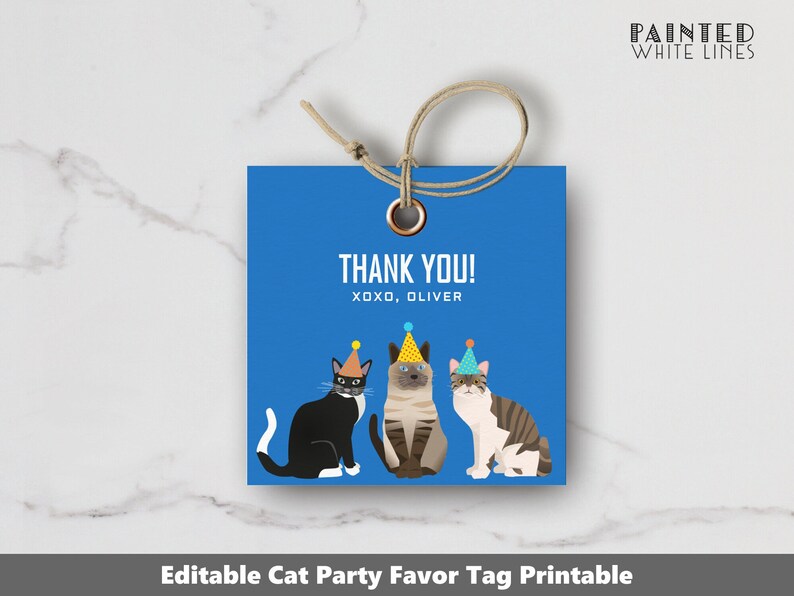 K&ouml;nnte beinhalten: Blaue Dankesch&ouml;n-Etikette mit drei Katzen, die Partyh&uuml;te tragen. Der Text lautet "Danke! XOXO, OLIVER".