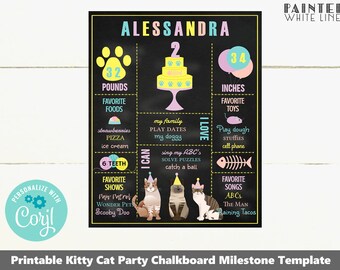 May include: A chalkboard milestone printable for a 2-year-old girl named Alessandra. The chalkboard is decorated with a kitty cat theme and includes details like her weight (32 pounds), height (34 inches), favorite foods, favorite shows, favorite toys, and favorite songs. The chalkboard is personalized with the name "Coryl".