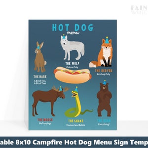 Campfire Hot Dog Bar Menu Sign Modern Woodland Birthday Party Food Corjl Editable Template Printable Boys Girl Kids Party Decorations PWLCF