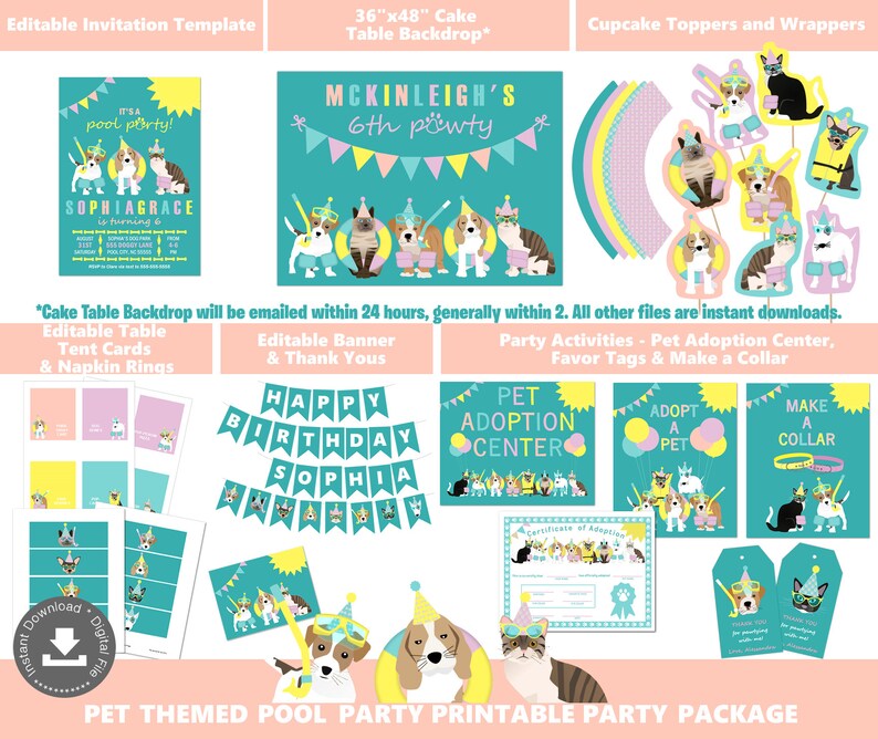 May include: Printable party package for a pet-themed pool party. The package includes a 91x122 cm cake table backdrop, editable table tent cards and napkin rings, an editable banner, cupcake toppers and wrappers, and party activities like a pet adoption centre, favour tags, and a make a collar game. The design features a turquoise and pink colour scheme with illustrations of dogs and cats wearing party hats and sunglasses.