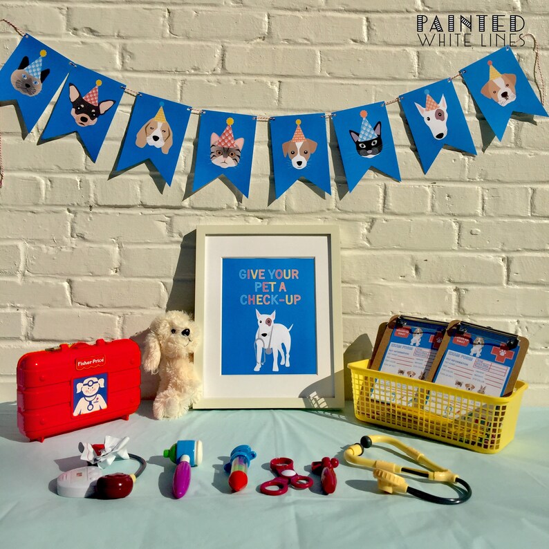 May include: A blue and white banner with cartoon dogs wearing party hats hangs above a table with a red toy doctor's bag, a white stuffed dog, a framed print that says "Give your pet a check-up", two clipboards, a yellow basket, and a toy stethoscope.